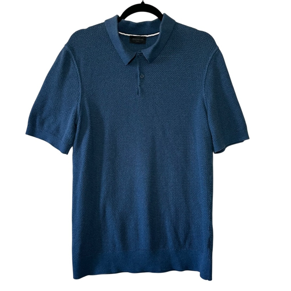 MAGASCHONI Men's Deep Blue Open Knit Short Sleeve Collared Polo Shirt- Large